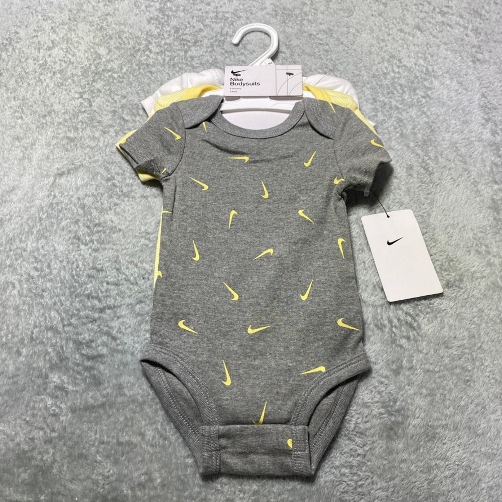 Nike Baby 6M Bodysuits 3-Pack Sporty Grey Yellow White 56M115-GD5